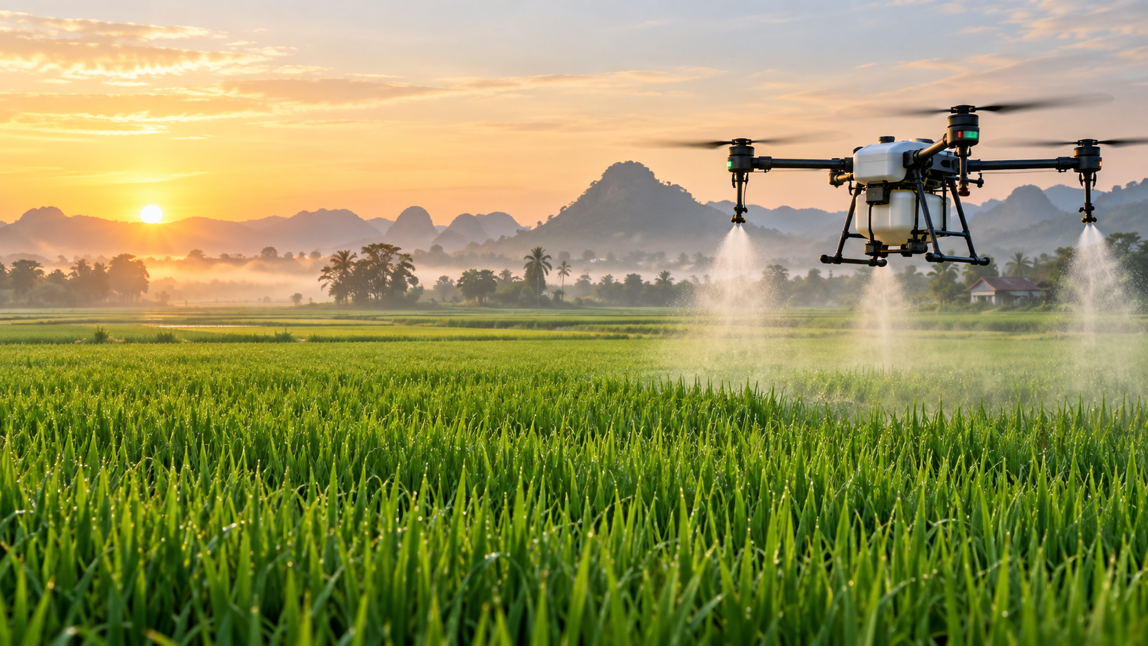 Drone nông nghiệp Veg4T phun trên cánh đồng